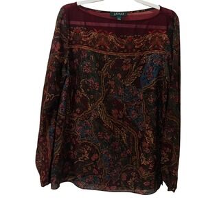 Lauren Ralph Lauren Sz L Paisley Floral Semi Sheer Blouse Countryside Heritage